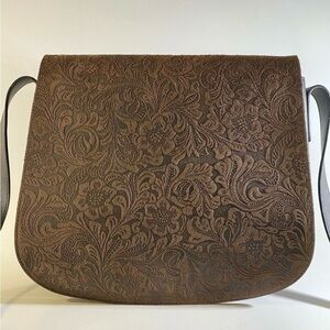 Vintage Lord & Taylor Elegant Brown Floral Embossed Tooled Leather Crossbody Bag